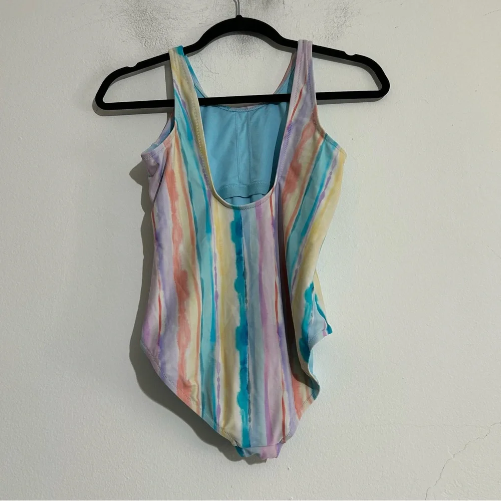 Athleta Girl Scoop One Piece Swimsuit Watercolor Stripe Blue Size Large 12